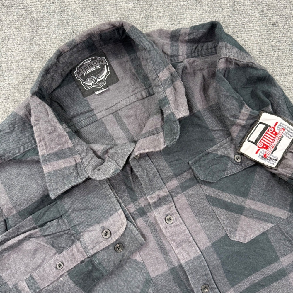 Angry Minnow Flannel Co Shirt XXL Gray Plaid Jeep Patch Button Down Men's
